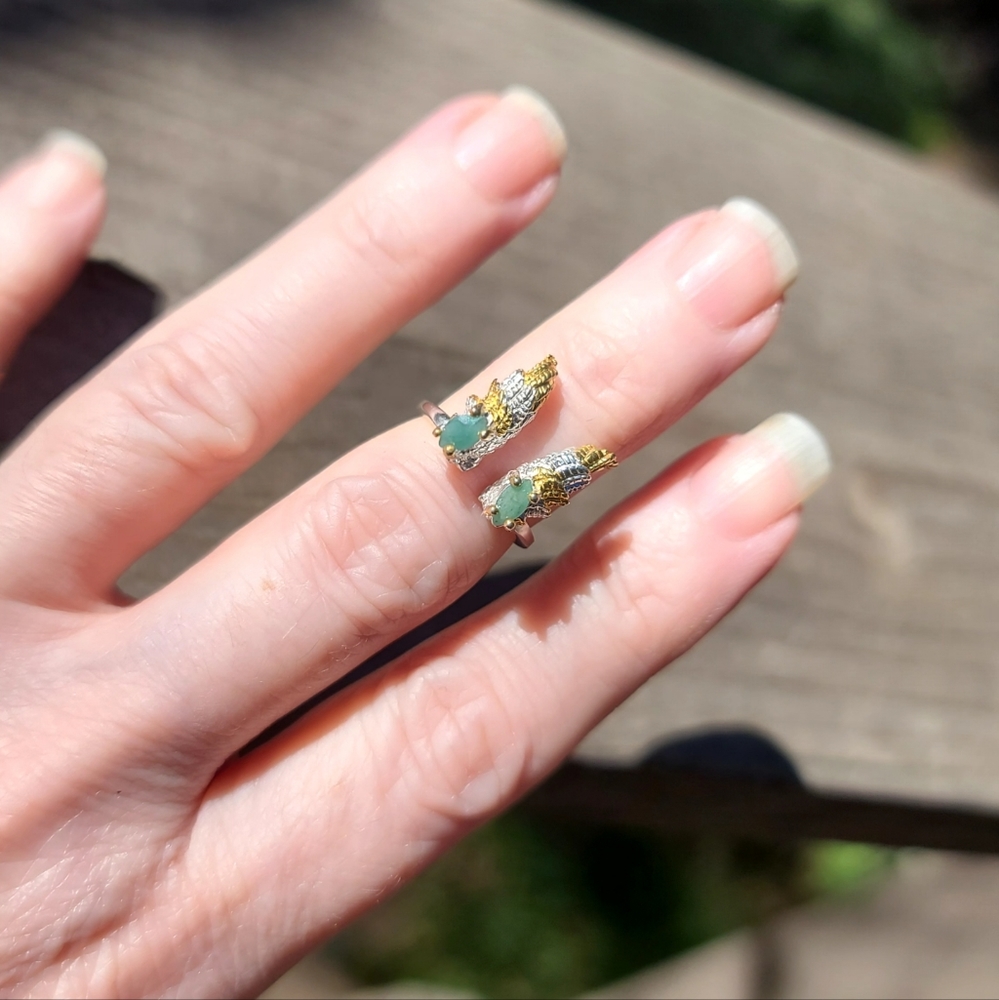 Emerald Sterling & gold Angel wings midi ring sz4 adjustable